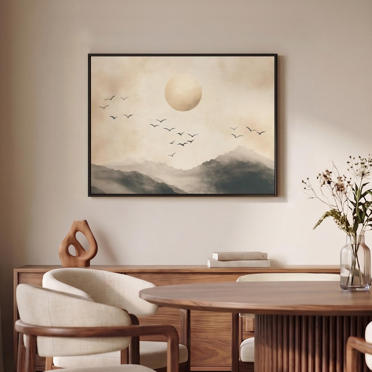 LEINWAND Bilder mit Rahmen - Landschaft - Japandi - Vogel - 80x60 - Beige, Textil (80/60cm) - MuchoWow