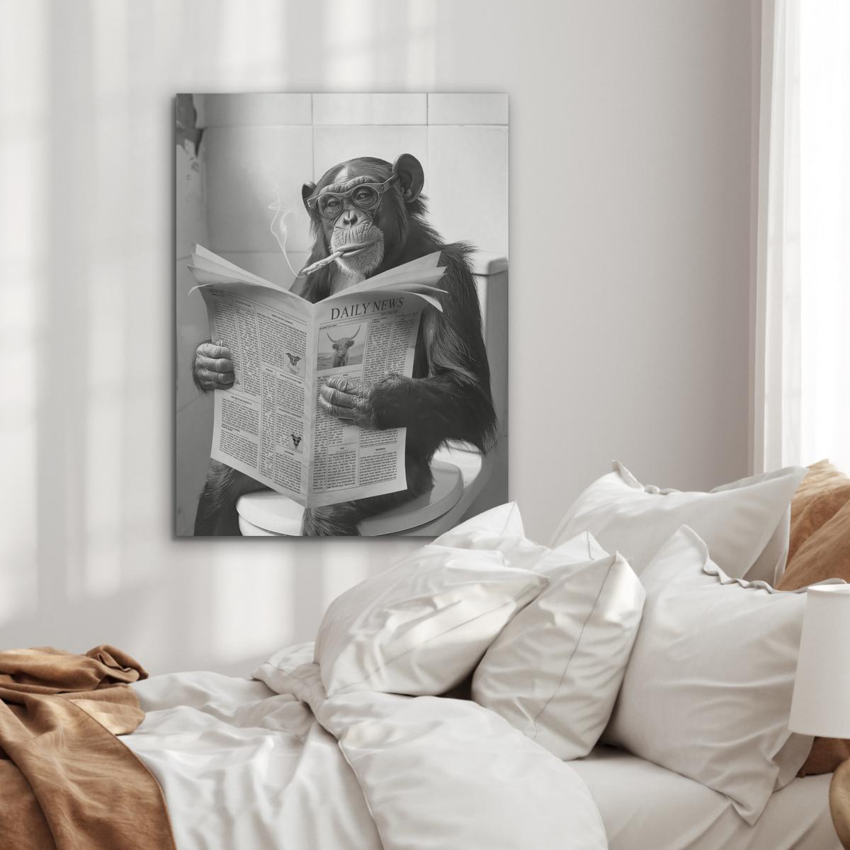 AKUSTIKBILD Affe - WC - Zeitung - Schwarz-Weiß - Humor Wandbilder 60x80 cm - Hellgrau, Kunststoff (60/80/0.9cm) - MuchoWow