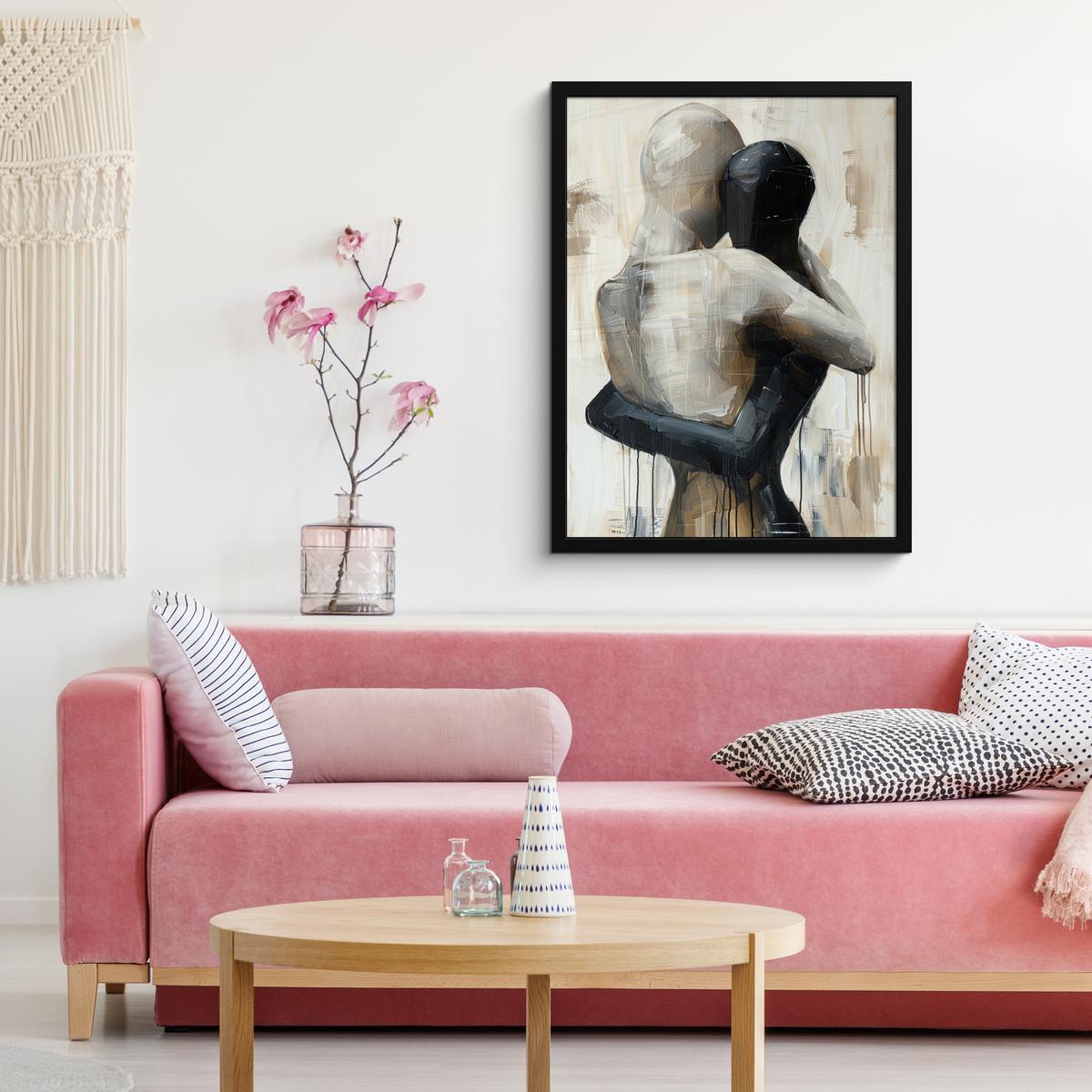 POSTER MIT RAHMEN Abstrakt - Liebe - Schwarz und weiß - Modern Posterleiste 60x80 cm - Schwarz, Papier (60/80cm) - MuchoWow