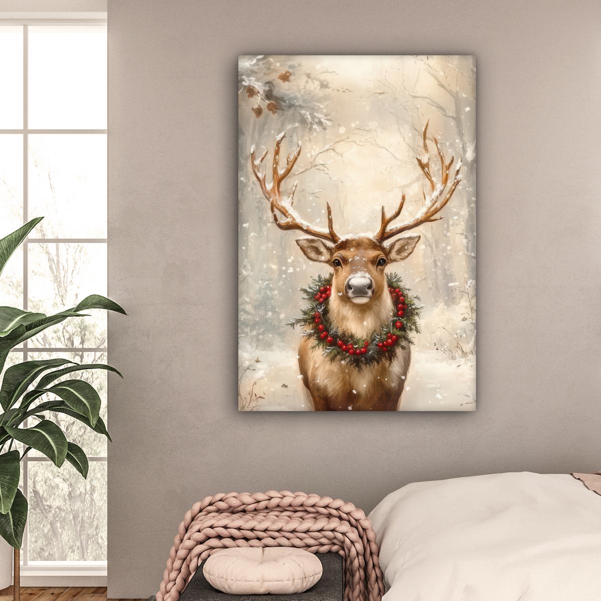 LEINWANDBILD Weihnachten - Rentier - Winter - Kranz Deko XXL 80x120 cm - Naturfarben, Textil (80/120cm) - MuchoWow