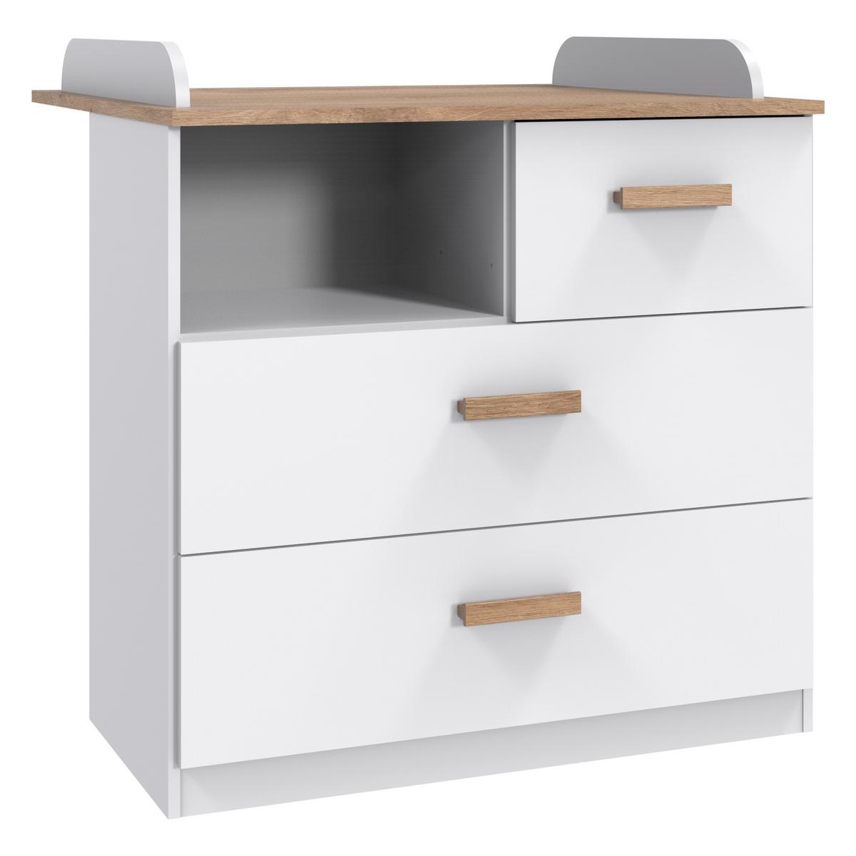 BABYZIMMER-SET 3-tlg.: Babybett & Wickelkommode & Kleiderschrank 3-türig B135/H199/T58 cm, Weiß mit Eiche & Hirnholz Dekor / 22813 - Eichefarben/Weiß, Holzwerkstoff (135/199/58cm) - luma-home