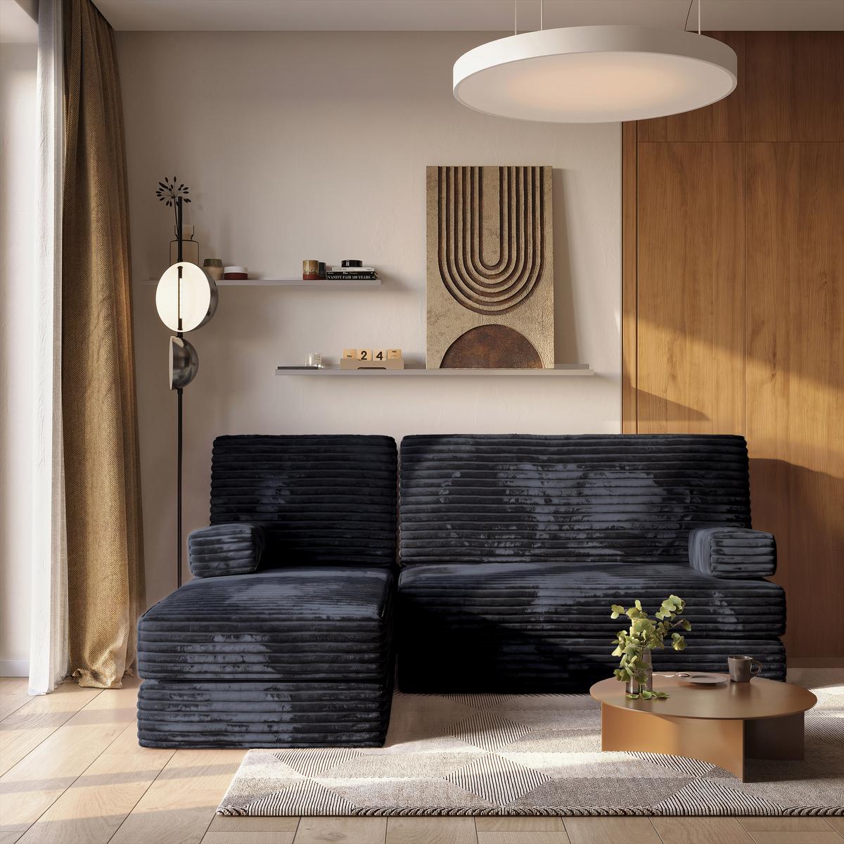 ECKSOFA NOTIA modulares Boneless Sofa mit Schlaffunktion Schwarz Kordstoff - Schwarz, Textil (200/120cm) - MASSENO