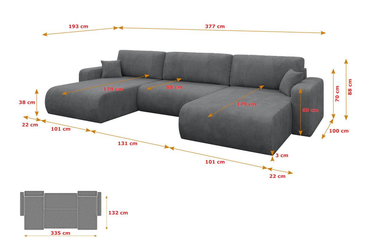WOHNLANDSCHAFT mit Schlaffunktion und Bettkasten BERY-U 377x193x88 Dunkelgrau Cord - Dunkelgrau/Schwarz, Holzwerkstoff/Kunststoff (377/88/193cm) - ALTDECOR