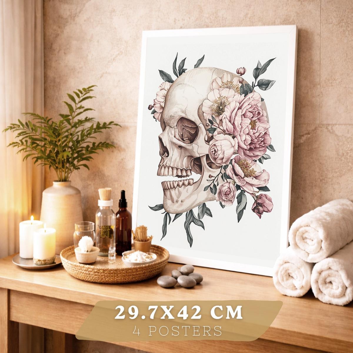 POSTER Set aus 4 Anatomie Mensch Florale Drucke und mit Schädel Herz Lungen und Skelett Botanische Aquarell dekoration Größe Weißer Rahmen A3 - Weiß, Papier (29.7/42/3cm) - Nacnic