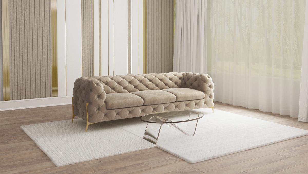 CHESTERFIELD-SOFA 3-Sitzer Lexi Dunkle Creme Samt - Goldfarben/Creme, Holz/Textil (243/75/100cm) - S-Style Möbel