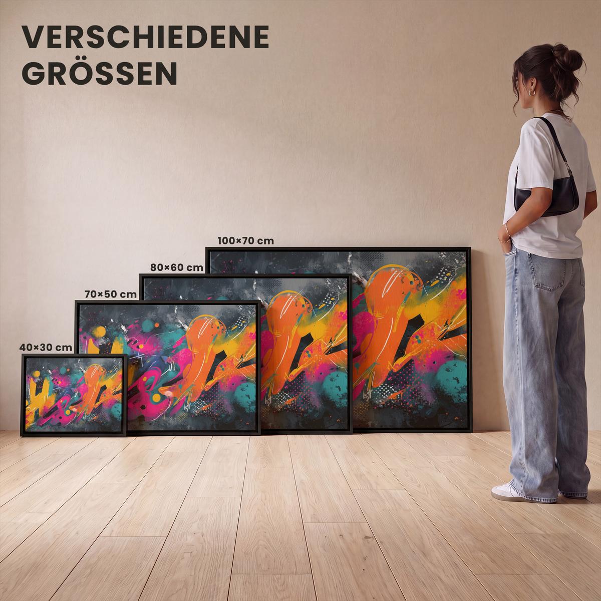 LEINWAND Bilder mit Rahmen - Abstrakt - Graffiti - Farbenfroh - Farbspritzer - 100x70 - Multicolor, Textil (100/70cm) - MuchoWow