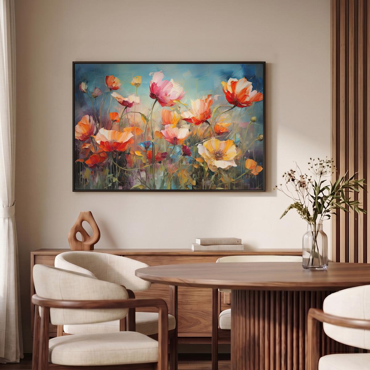 LEINWAND Bilder mit Rahmen - Blumen - Aquarell - Kunst - Botanisch - Natur - 90x60 - Orange, Textil (90/60cm) - MuchoWow