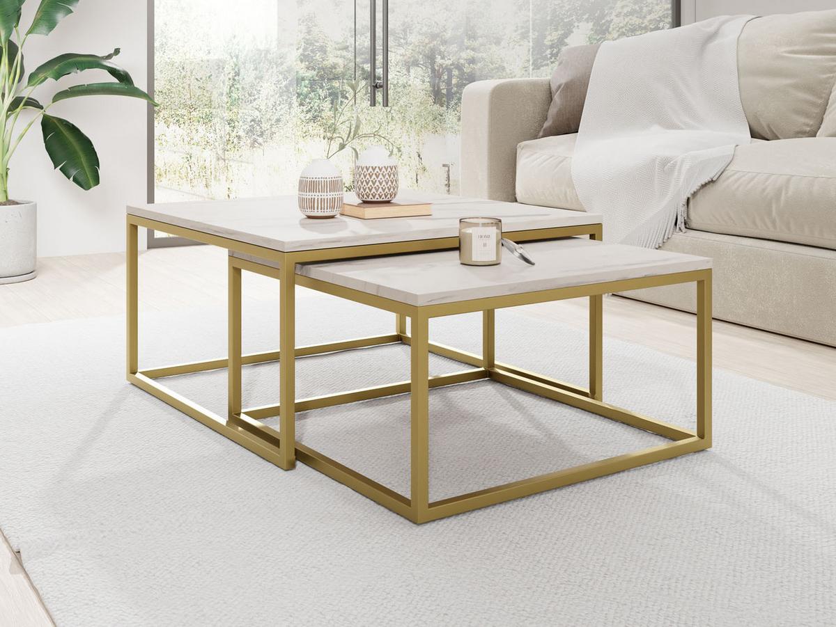COUCHTISCHE Vella Gold 2er-Set quadraitsch, Marmor Weiß 76/76/39cm + 66/66/34 cm - Ecru/Goldfarben, Holzwerkstoff/Metall (76/76/39cm) - WFL GROUP