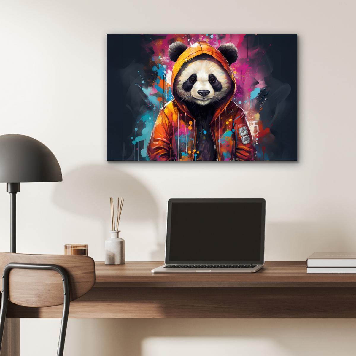 METALLBILD Panda - Jacke - Graffiti - Orange Wandbild 60x40 cm - Orange, Metall (60/40cm) - MuchoWow