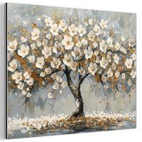 METALLBILD Baum - Blumen - Weiß - Natur - Kunst 40x30 cm - Weiß, Metall (40/30cm) - MuchoWow