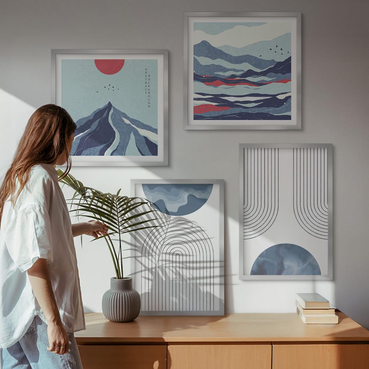 BILDER SET 4er Set - 50x50 cm & 40x60 cm Silberner Rahmen - Abstrakte Berglandschaften - Silberfarben, Kunststoff (50/50cm) - TULUP