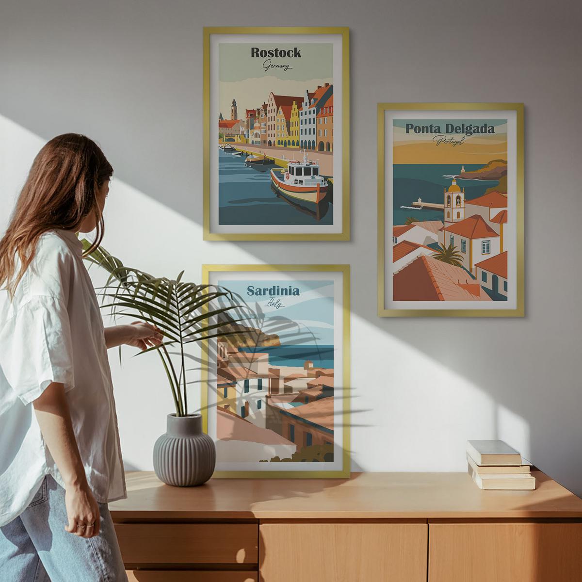 BILDER SET 3er Set - 40x60 cm Goldrahmen - Ansichten europäischer Küstenstädte - Goldfarben, Kunststoff (40/60cm) - TULUP