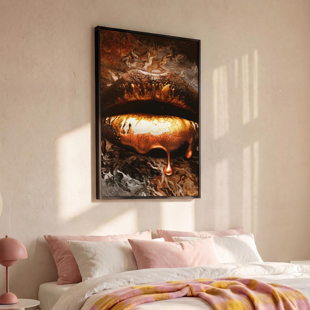 LEINWAND Bilder mit Rahmen - Gold - Lippen - Kunst - Gold - Luxus - Abstrakt - 100x150 - Kupferfarben, Textil (100/150cm) - MuchoWow
