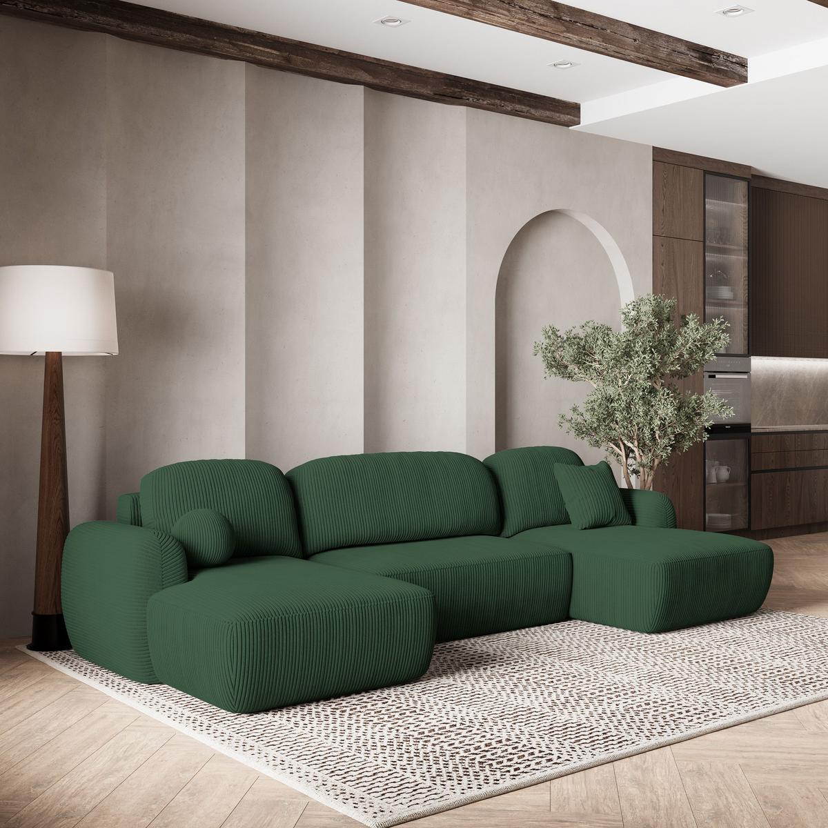 WOHNLANDSCHAFT SAVONA P Grün Kordstoff mit Schlaffunktion - Schwarz/Grün, Holz/Kunststoff (320/90/148cm) - MASSENO