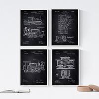 POSTER Set mit 4 Schwarz Eisenbahn Patent A4 Schwarzer Rahmen - Schwarz, Papier (29.7/3cm) - Nacnic