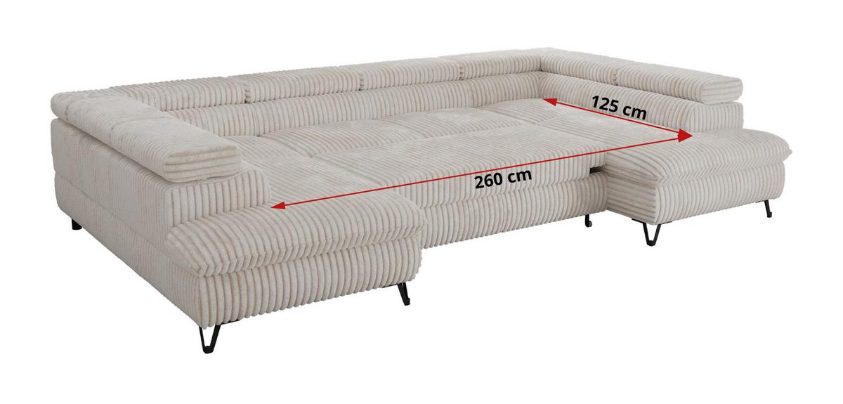 WOHNLANDSCHAFT PABLO U Cord Beige mit Topper Visco - Beige/Schwarz, Textil/Metall (346/76/208cm) - MKS