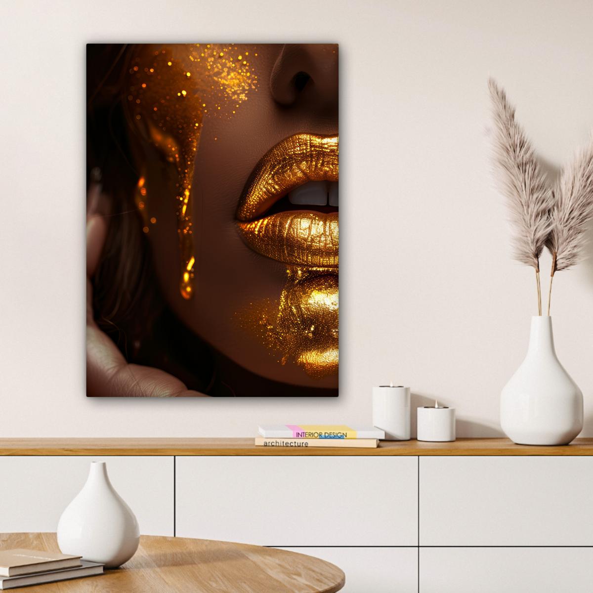 LEINWANDBILD Frau - Gold - Luxus - Porträt Wandbild Wohnzimmer 60x80 cm - Goldfarben, Textil (60/80cm) - MuchoWow