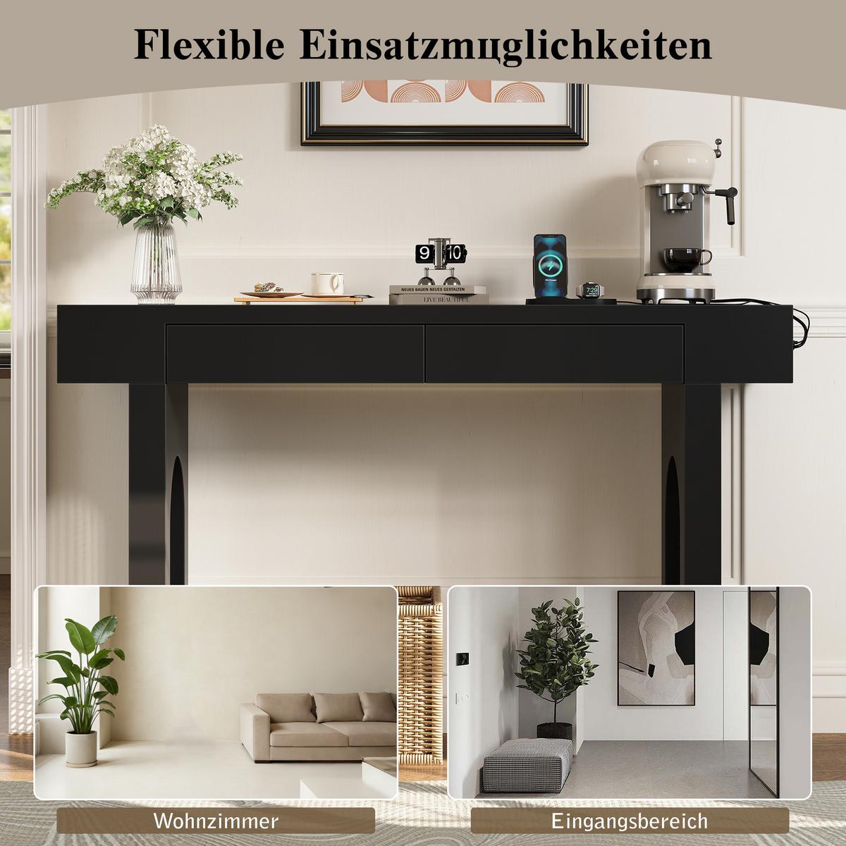 KONSOLENTISCH mit gitterdesign, 2 schubladen & integrierter steckdose - Schwarz, Holzwerkstoff (35.5/120/76.5cm) - Urban Meuble
