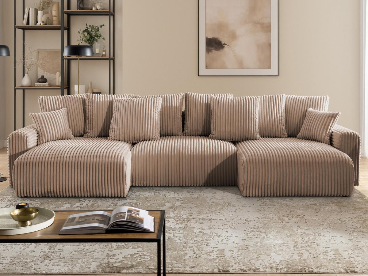 WOHNLANDSCHAFT Calma mit Schlaffunktion und Bettkasten im Bumpy-Design aus weichem Beige Plüschcord - Beige/Schwarz, Holz/Textil (336/88/140cm) - S-Style