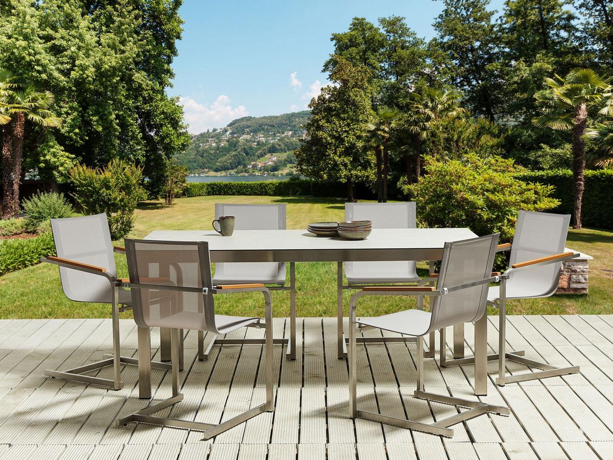 GARTENTISCH Keramik-Glas weiß 180/90 cm Cosoleto - Silberfarben/Weiß, Glas (180/90/75cm) - Beliani