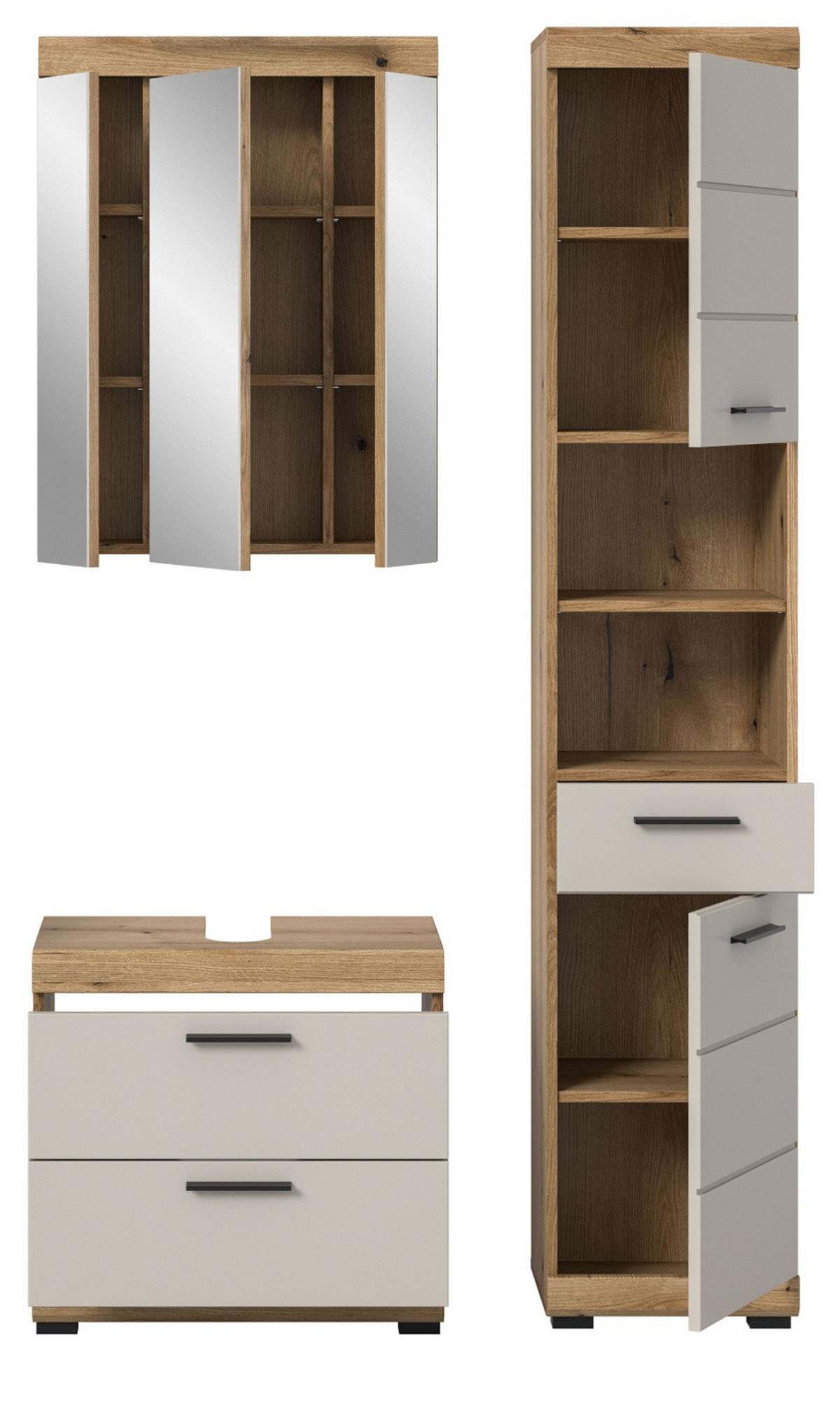 BADMÖBEL-SET Sand Kaschmir, Evoke Eiche, Badkombination 112 cm 3-teilig - Kaschmir/Eichefarben, Glas/Holzwerkstoff (112/191/34cm) - Inn.Furn