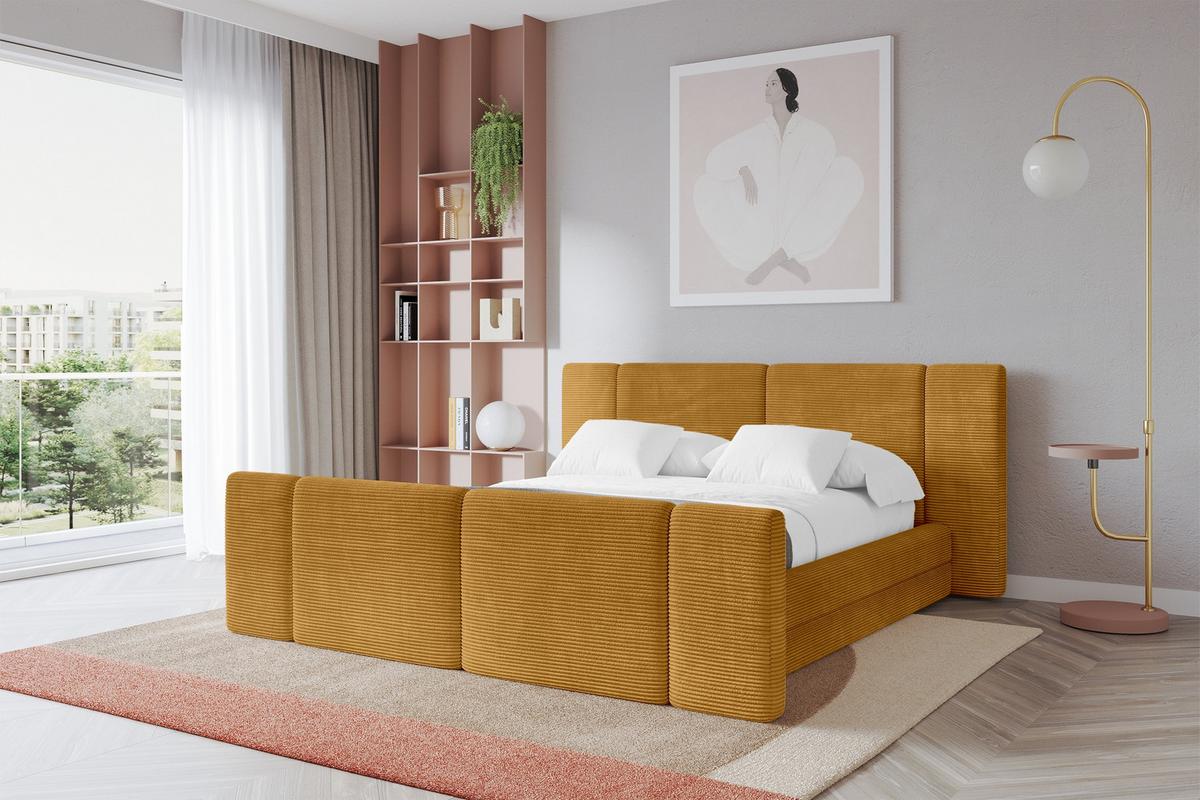 POLSTERBETT mit Bettkasten, Fußteil und Lattenrost, Bett mit Matratze H3/H4 - TEVO-Z 140x200 Senfgelb - Gelb, Holzwerkstoff/Textil (140/200cm) - ALTDECOR