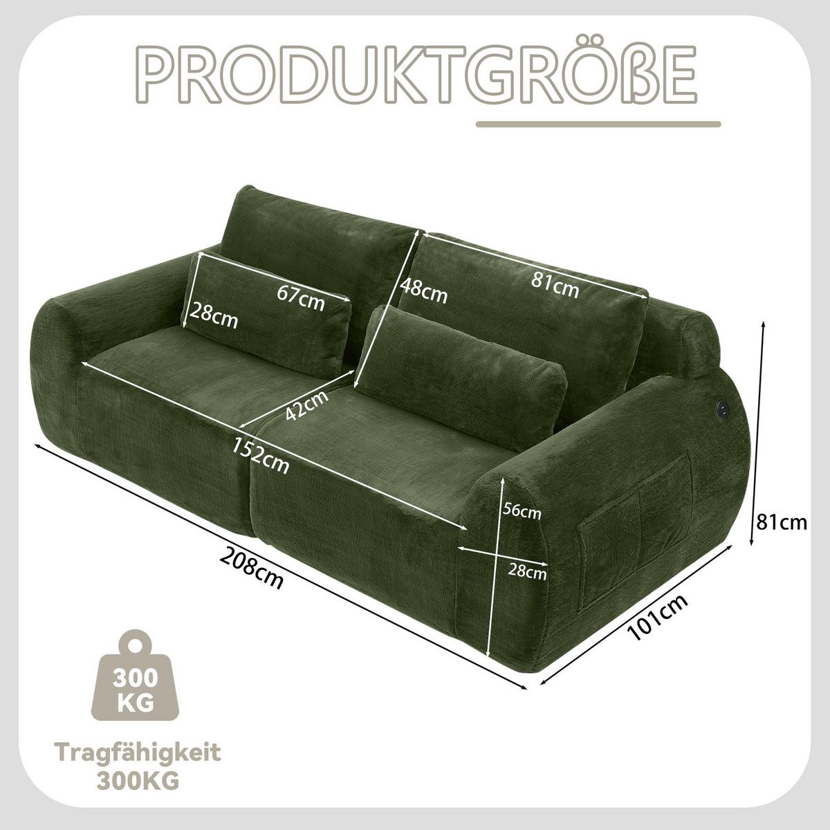 2-SITZER SOFA in Grün aus Kunstfell mit USB-Anschluss & Magazintasche - Grün, Textil (101/81/208cm) - Urban Meuble