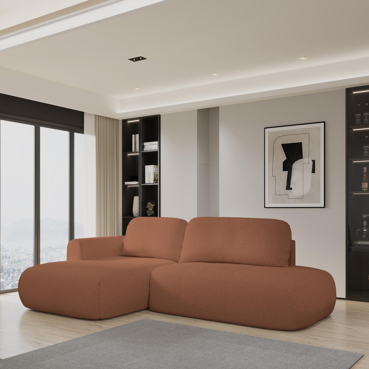 ECKSOFA NUVIRA L-S Kupferfarben Boucle-Stoff mit Schlaffunktion - Kupferfarben, Holz (279/158cm) - MASSENO
