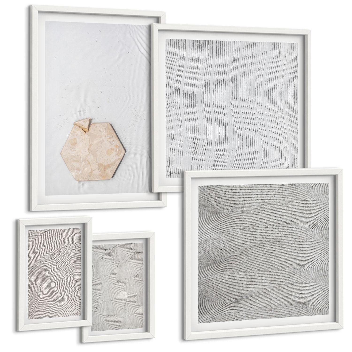 BILDER SET 5er Set - 50x50 cm & 20x30 cm & 40x60 cm Weißer Rahmen - Leichte Boho-Sandtexturen - Weiß, Kunststoff (40/60cm) - TULUP
