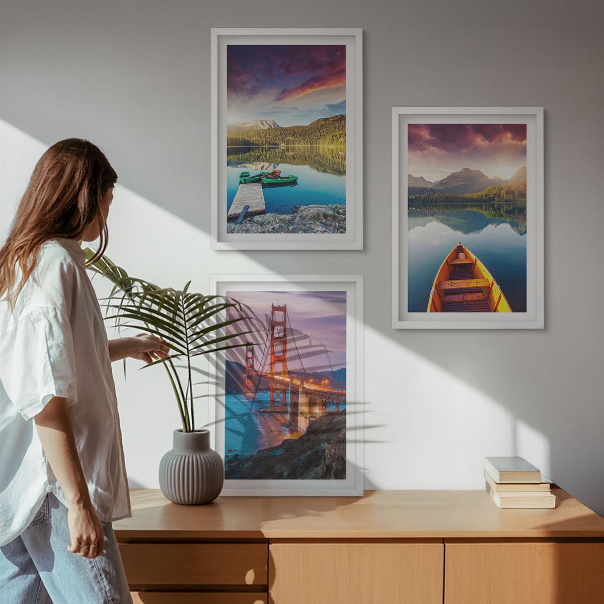 BILDER SET 3er Set - 40x60 cm Weißer Rahmen - Bergblick auf den See und die Brücken - Weiß, Kunststoff (40/60cm) - TULUP
