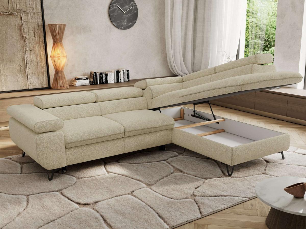ECKSOFA PABLO L Creme Struktur - Rechts Seite - Creme/Schwarz, Textil/Metall (273/208cm) - MKS