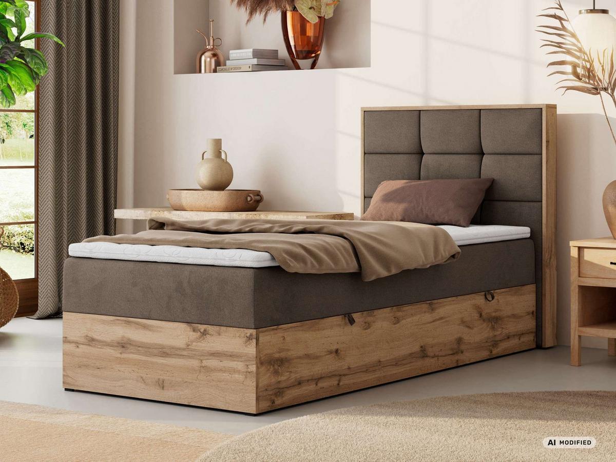 BOXBETT ALBERO 1 90/200 - Braun Velvet - Topper Visco - H3 - Rechts - Schwarz/Braun, Kunststoff/Textil (90/200cm) - MKS