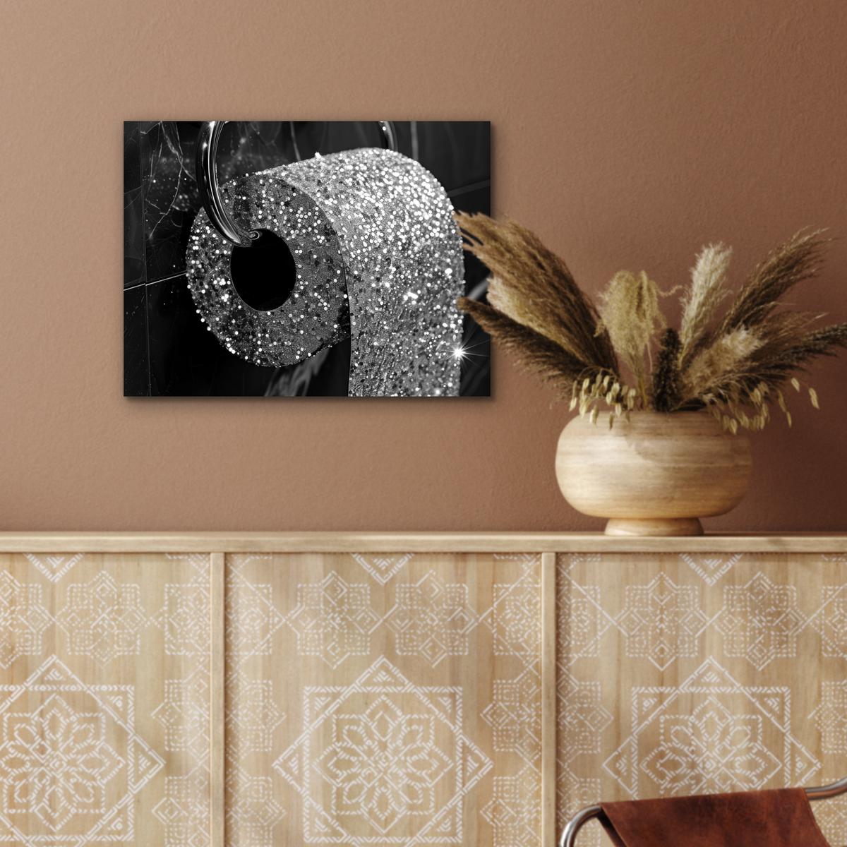METALLBILD WC - Toilettenpapier - Schwarz und weiß - Glitter 40x30 cm - Silberfarben, Metall (40/30cm) - MuchoWow