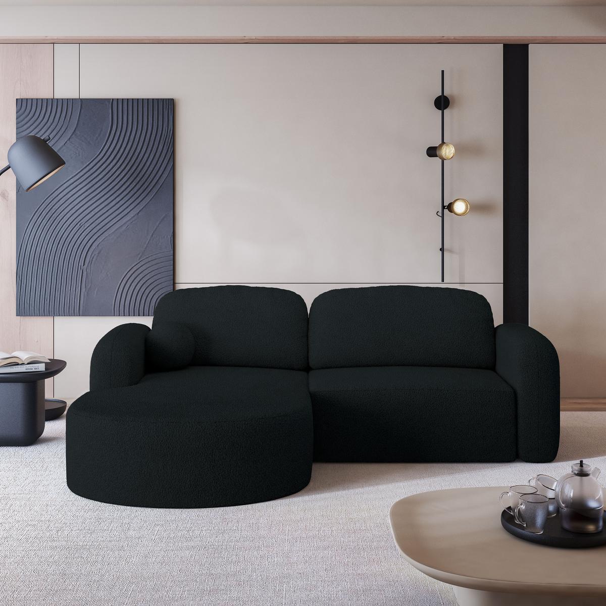 ECKSOFA AMILIA L-S Schwarz Boucle-Stoff mit Schlaffunktion - Schwarz, Holz (263/174cm) - MASSENO