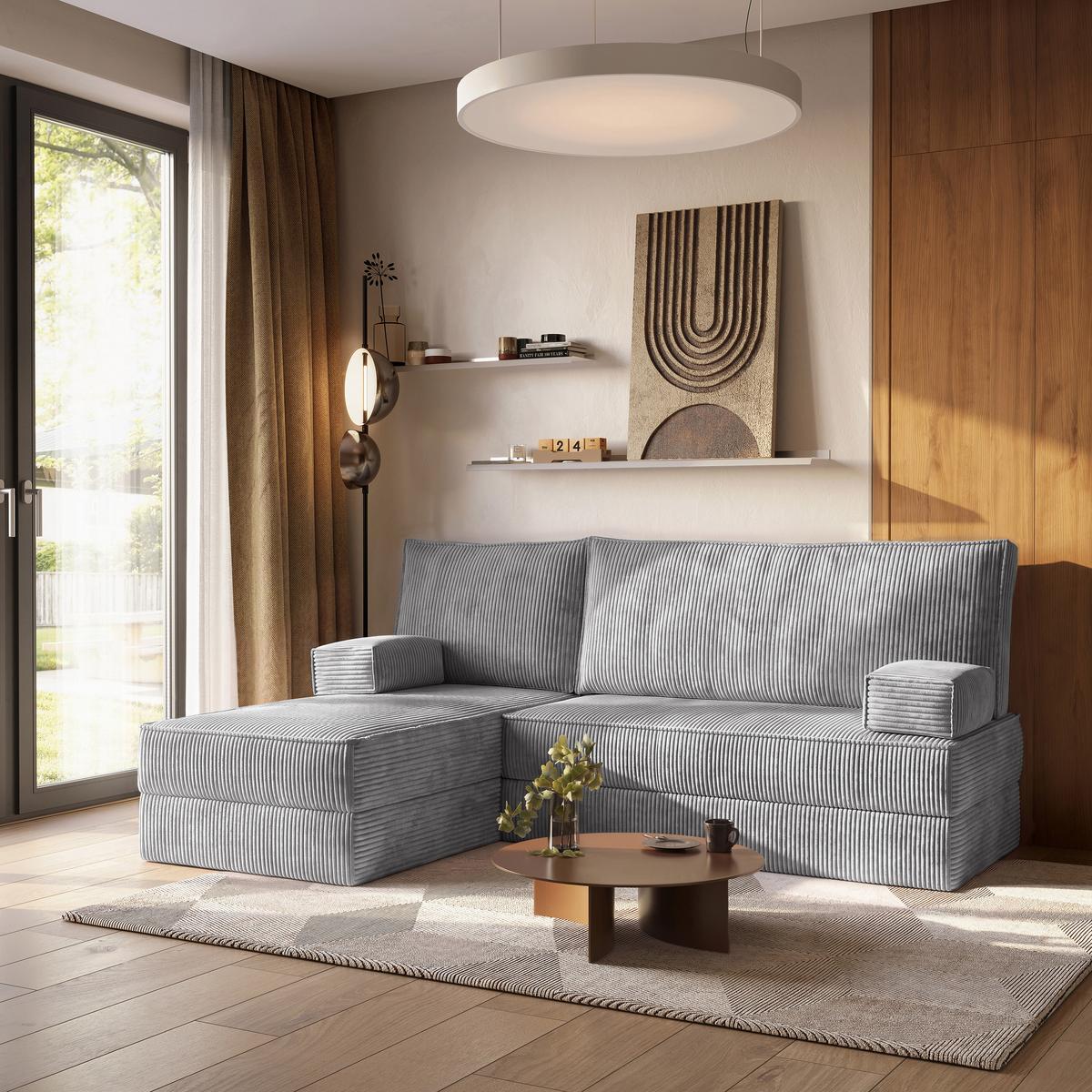 ECKSOFA NOTIA modulares Boneless Sofa mit Schlaffunktion Hellgrau Kordstoff - Hellgrau, Textil (200/120cm) - MASSENO