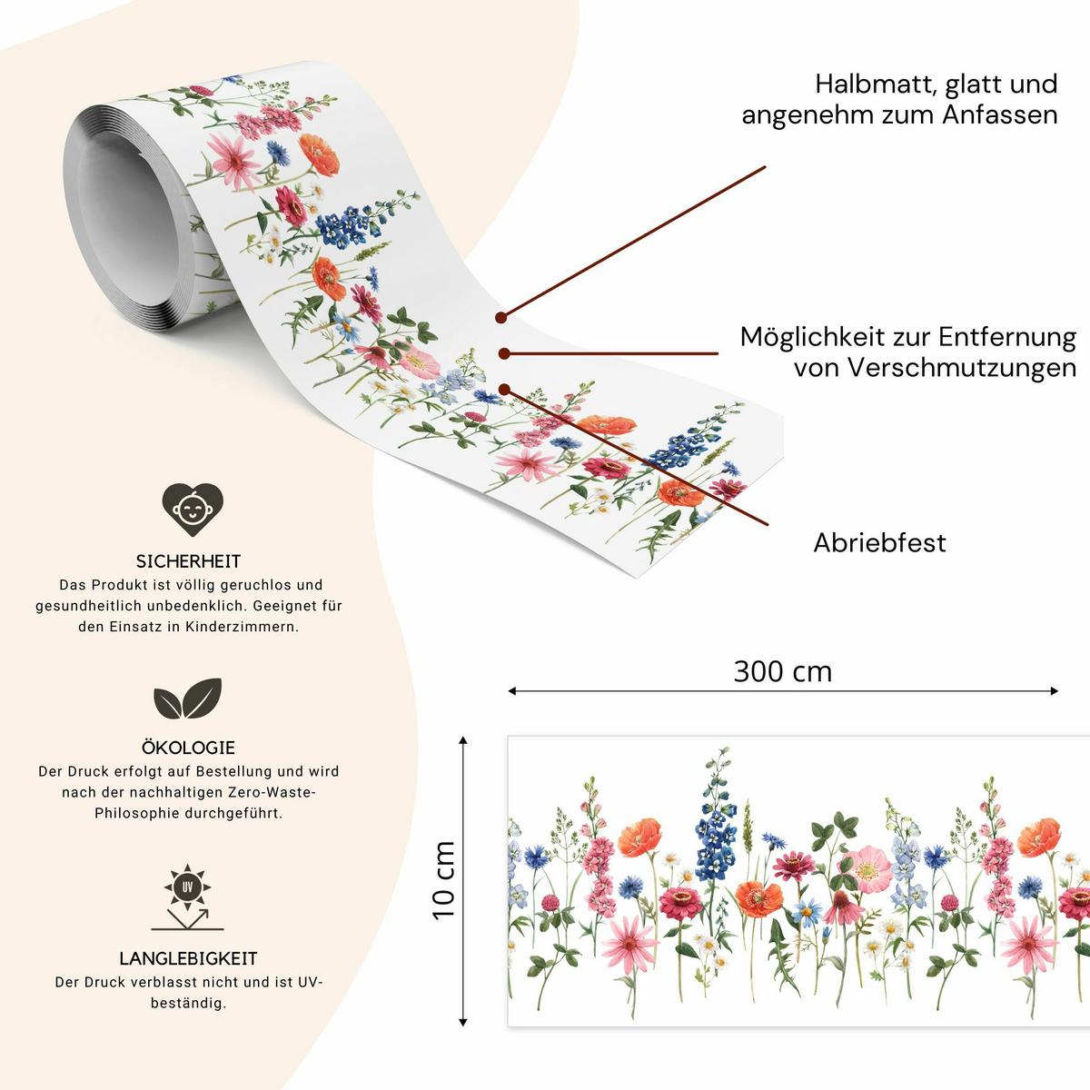 TAPETENBORDÜRE selbstklebend Bunte Blumen Feldpflanzen Natur - Blau/Rot, Papier (10/300/300cm) - Muralo