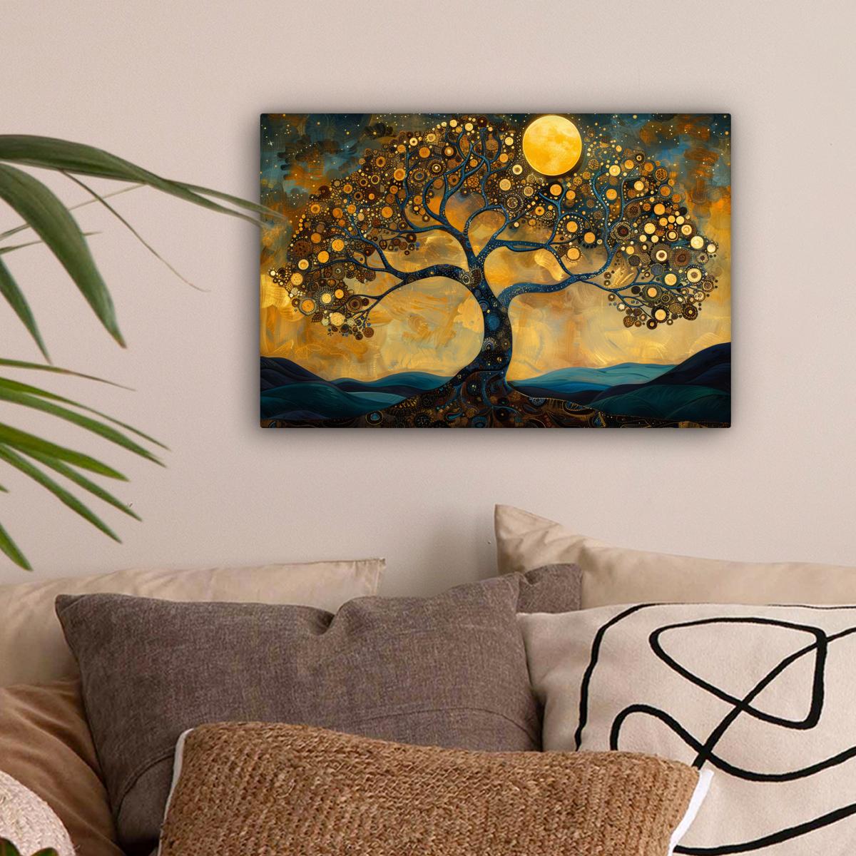 LEINWANDBILD Baum - Mond - Blumen - Gold - Kunst Deko Schlafzimmer 30x20 cm - Orange, Textil (30/20cm) - MuchoWow