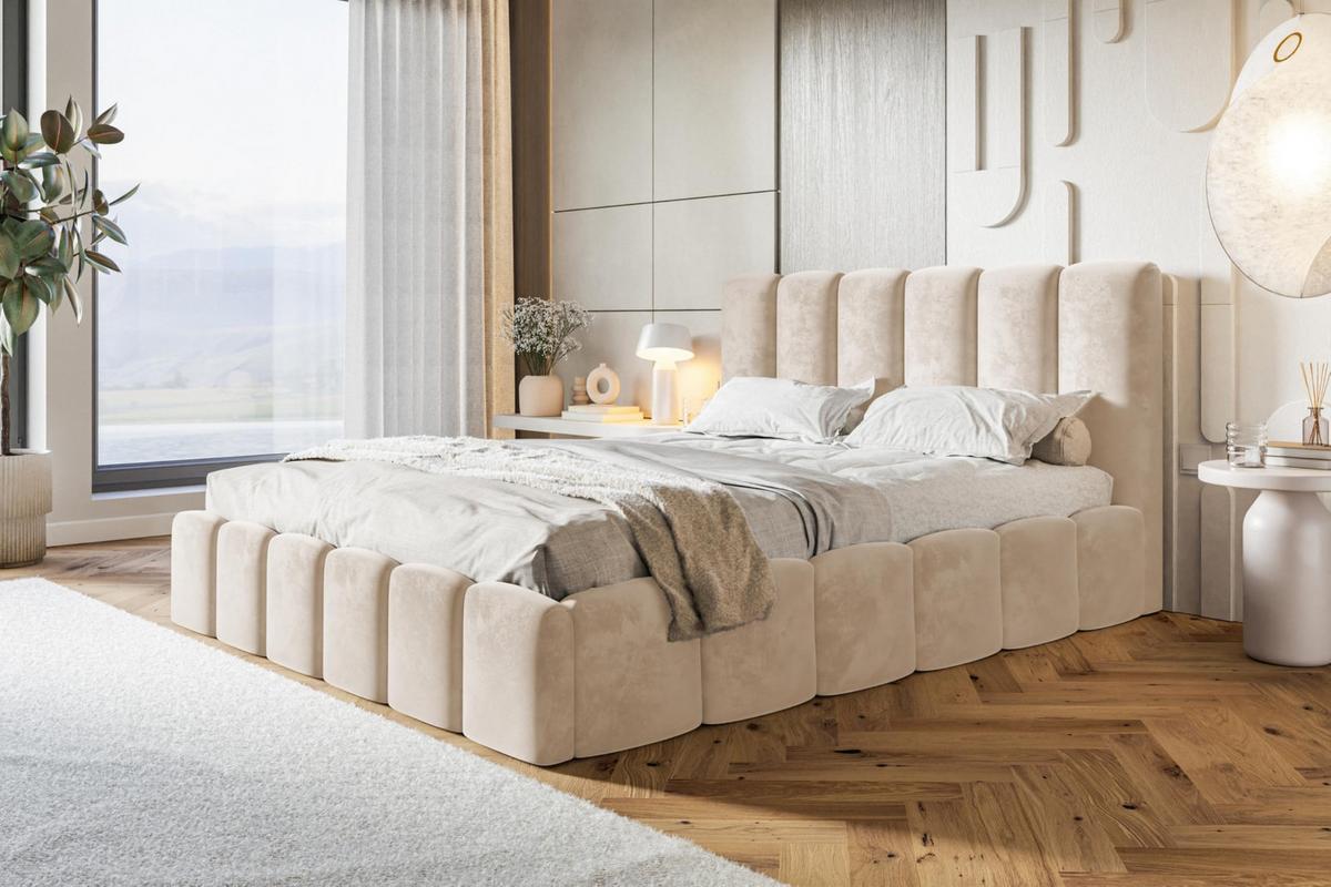 BETT 180x200 - Polsterbett mit Bettkasten und Metallrahmen - Modern Betten - Amor-Samtstoff - Kollektion Lucy - Beige - Beige, Holz/Textil (180/200cm) - Alpi-Möbel