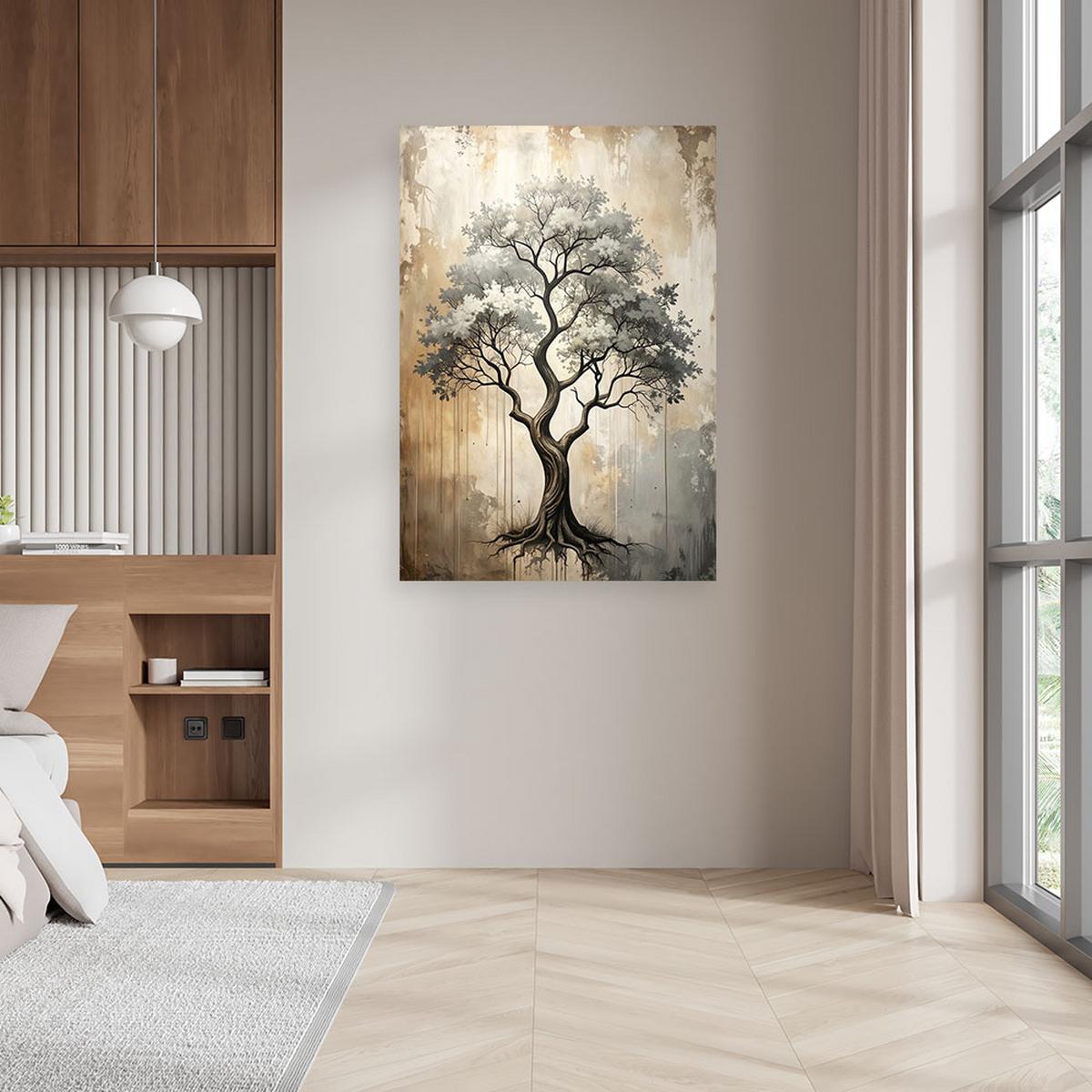 WANDBILD, Grunge Baum Abstrakt in Beige - Grau, Textil (40/60cm) - Feeby