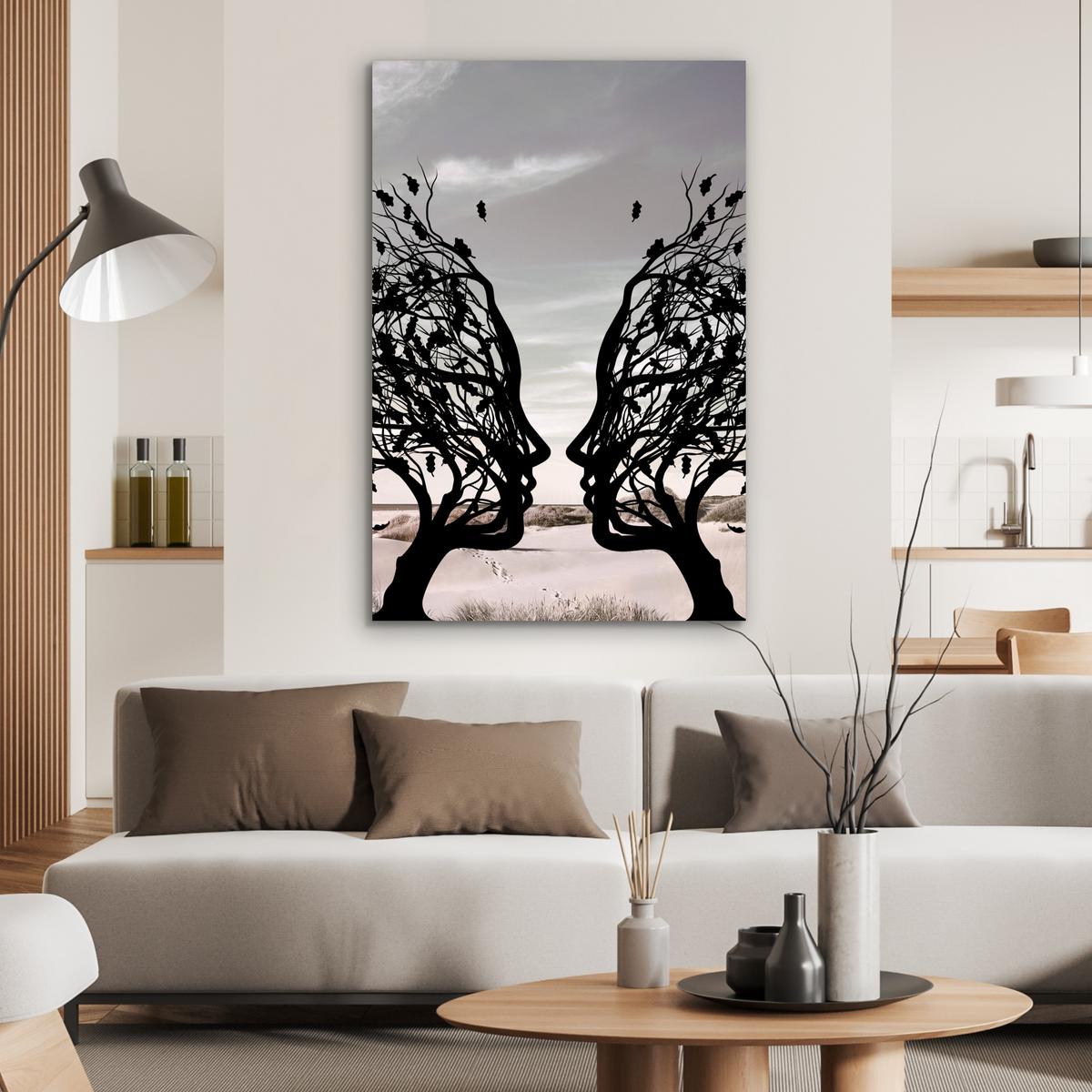 METALLBILD Strand - Meer - Menschen - Baum - Moderne Kunst 80x120 cm - Hellgrau, Metall (80/120cm) - MuchoWow