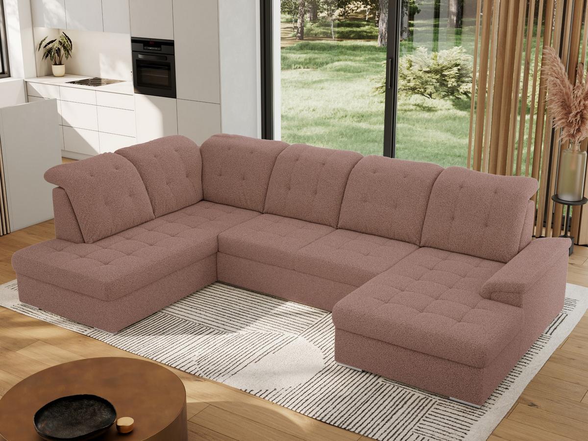 WOHNLANDSCHAFT MADRITO U - Rosa Boucle - Links - Silberfarben/Rosa, Textil/Metall (204/89/323cm) - MKS