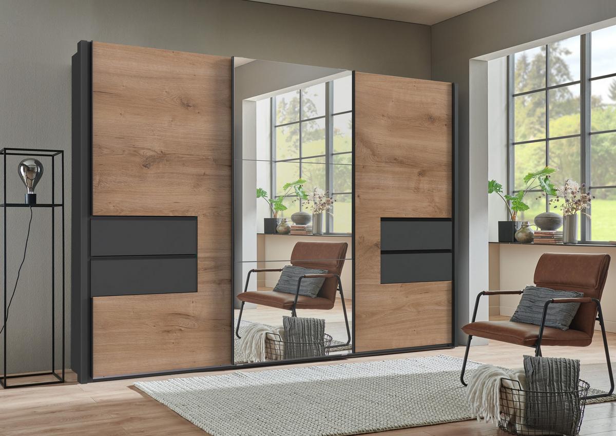 SCHWEBETÜRENSCHRANK 3-türig B312/H216/T65 cm, Korpus& Passepartout&Schubladen Grafit, Türen Eiche Dekor/Spiegel, Kleiderschrank inkl.Vollausst./ 22064 - Eichefarben/Bordeaux, Holzwerkstoff/Metall (312/216/65cm) - luma-home