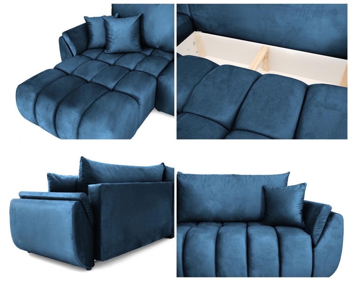 ECKSOFA Iris mit Schlaffunktion und Bettkasten, links oder rechts montierbar – Dunkelblau Samt 280/184/85 cm - Blau/Schwarz, Kunststoff/Textil (280/184cm) - WFL GROUP