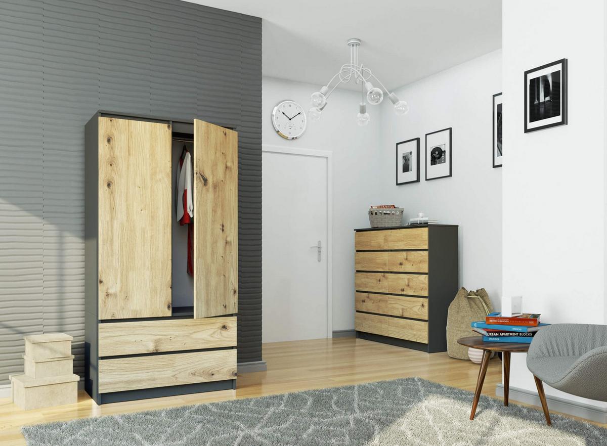 KLEIDERSCHRANK Graphit Grau, Eiche Artisan 180/90/51 - Eiche Artisan, Holzwerkstoff (90/180/51cm) - RAUMHIRSCH FURNITURE