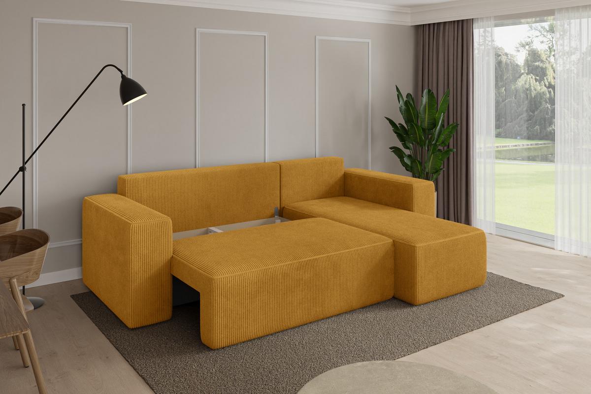 ECKSOFA mit Schlaffunktion Ottomane Rechts SENO-L 249x139x85 Senfgelb Cord - Dunkelgelb/Schwarz, Holzwerkstoff/Kunststoff (249/139cm) - ALTDECOR