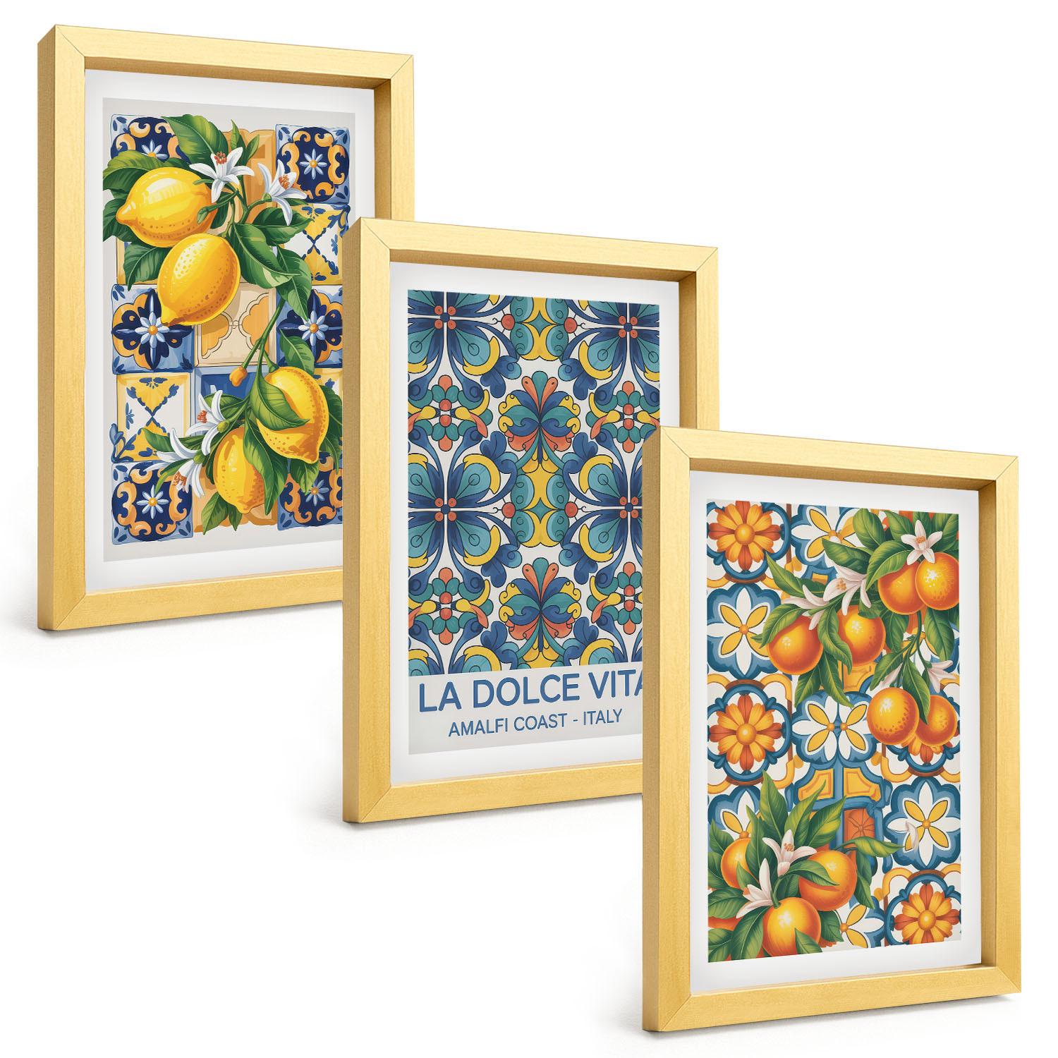 BILDER SET 3er Set - 20x30 cm Goldrahmen - Zitronen-Orangenblütenmuster - Goldfarben, Kunststoff (20/30cm) - TULUP