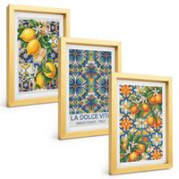 BILDER SET 3er Set - 20x30 cm Goldrahmen - Zitronen-Orangenblütenmuster - Goldfarben, Kunststoff (20/30cm) - TULUP