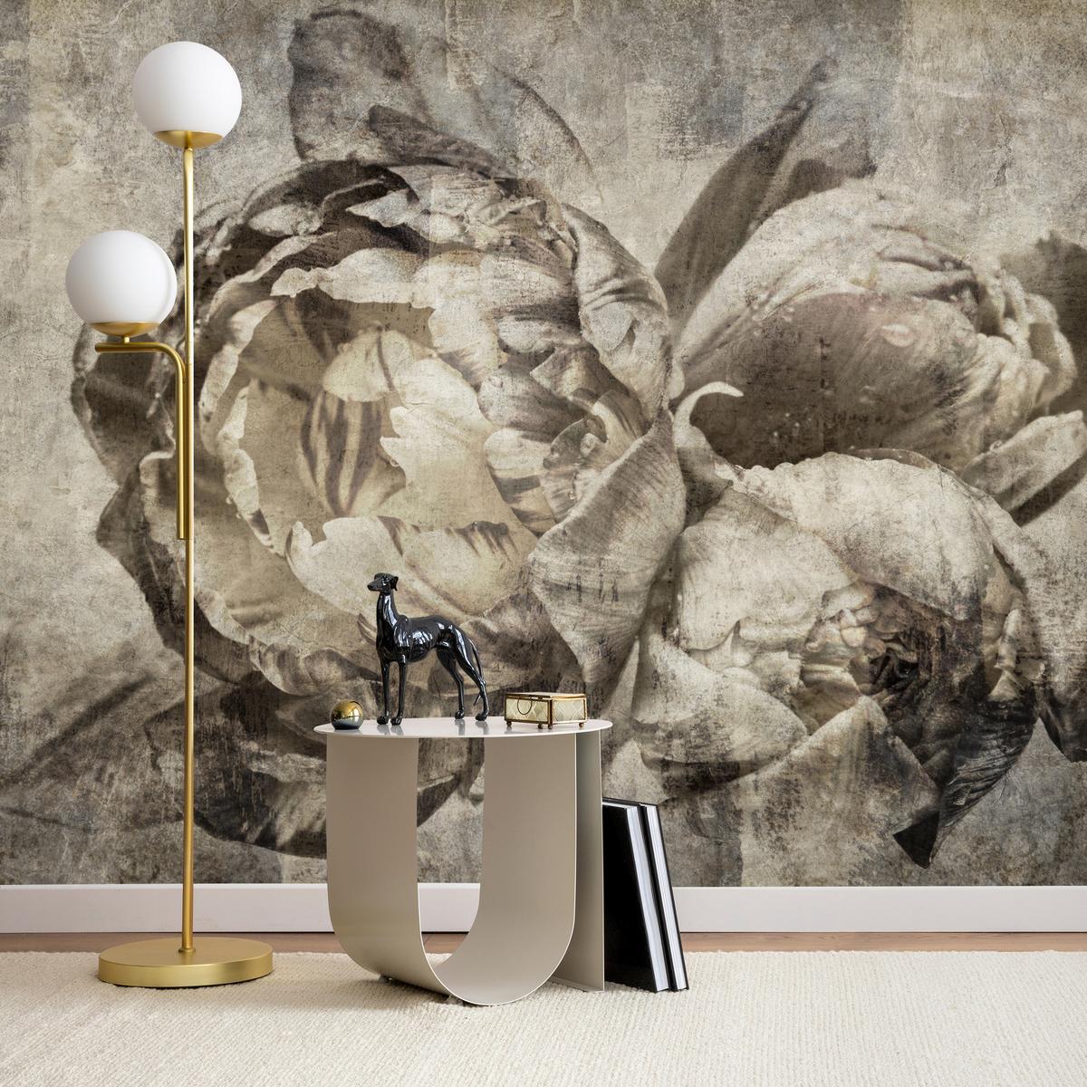 FOTOTAPETE Pfingstrosen Blumen Beton Vintage 350x256 - Beige/Braun, Papier (350/256cm) - Muralo
