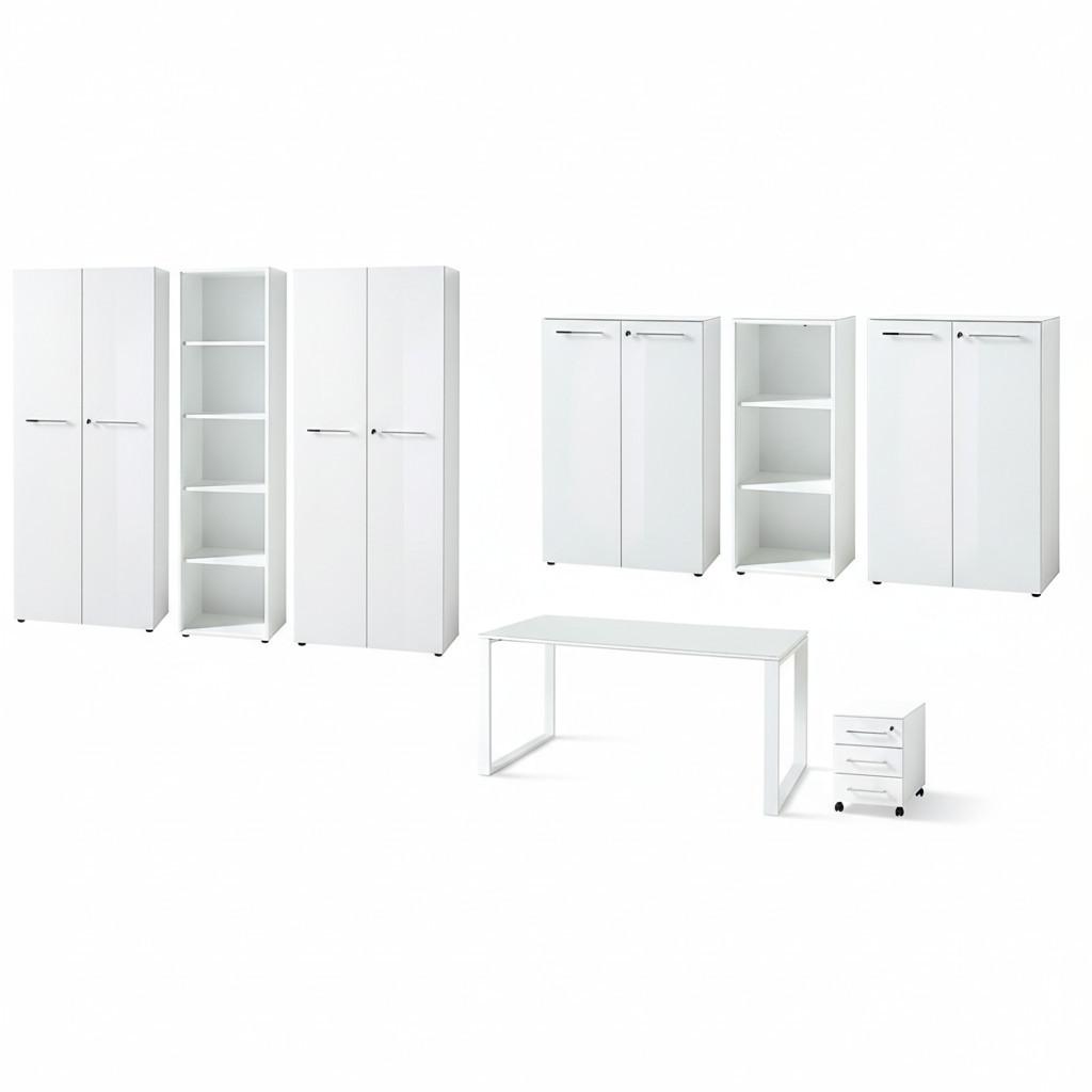 BÜRO-SET MUENCHEN 8-teilig Weiß | Glas & Abschließbar & Soft-Close - Weiß, Holzwerkstoff/Metall (80/575/196cm) - KADIMA DESIGN