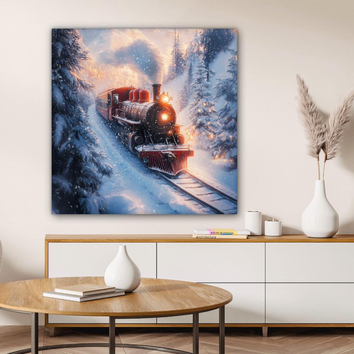 LEINWANDBILD Weihnachtszug - Schnee - Winter - Weihnachten Deko Groß 90x90 cm - Dunkelrot, Textil (90/90cm) - MuchoWow